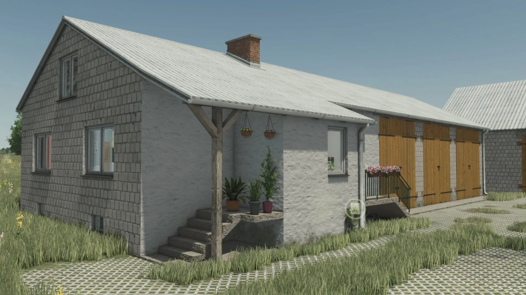 Small Polish buildings pack mod in Farming Simulator 25, featuring rustic style houses with wooden and brick elements.