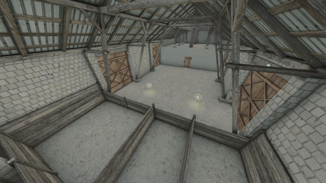 Interior view of a barn with small Polish buildings mod in Farming Simulator 25, featuring wooden stalls and brick walls.