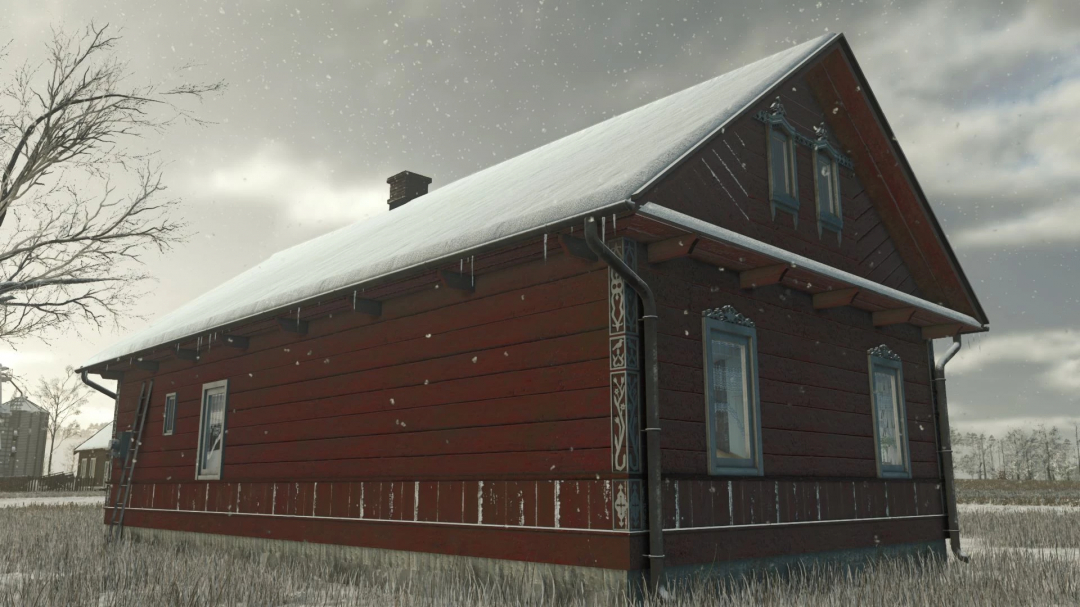 Small Polish old house mod in Farming Simulator 25 with snowy winter scene, detailed wood texture, suitable for FS25 mods.