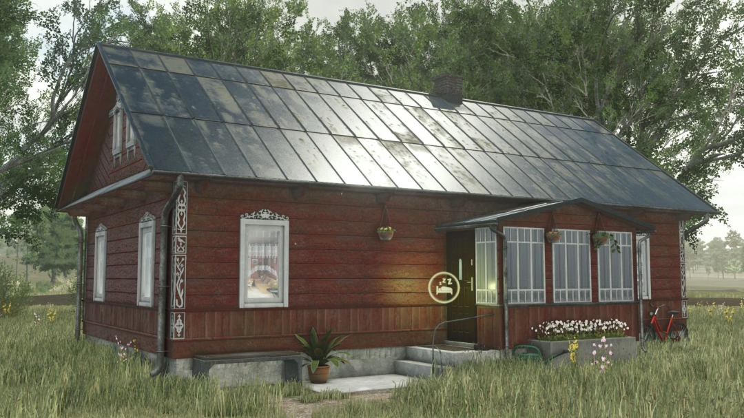 Small Polish old House v1.0.0.0 mod for Farming Simulator 25, featuring a rustic wooden exterior and a metal roof.