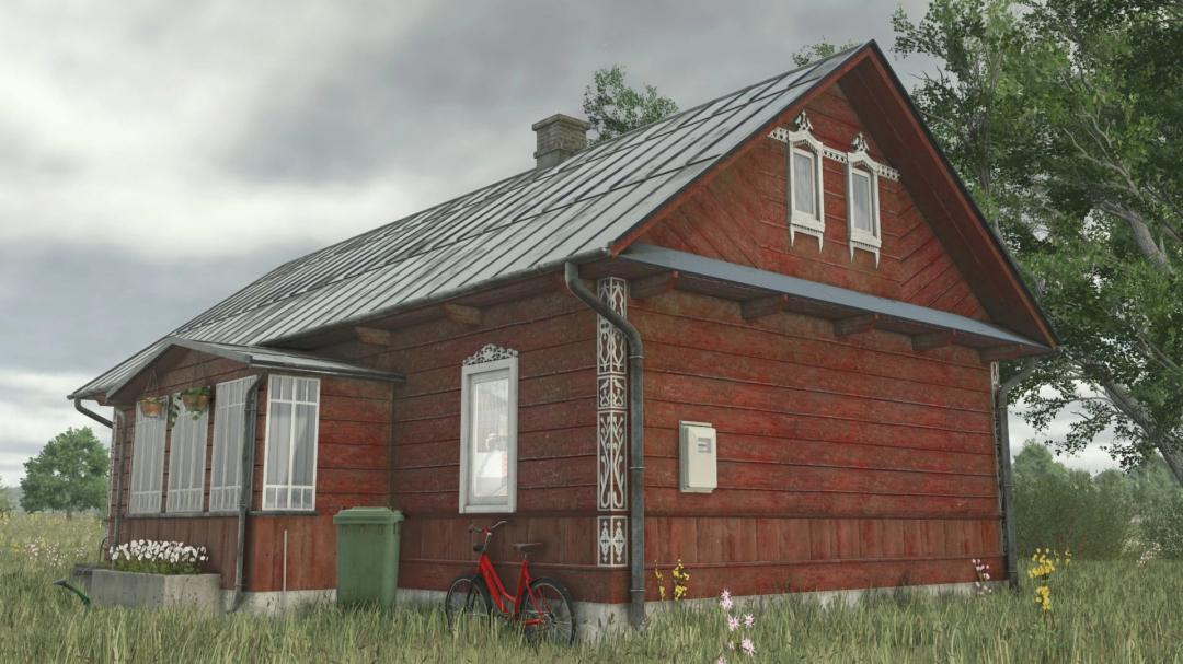 Small Polish old house from Farming Simulator 25 mod, featuring a red wooden exterior, white decorative window trims, and a metal roof.
