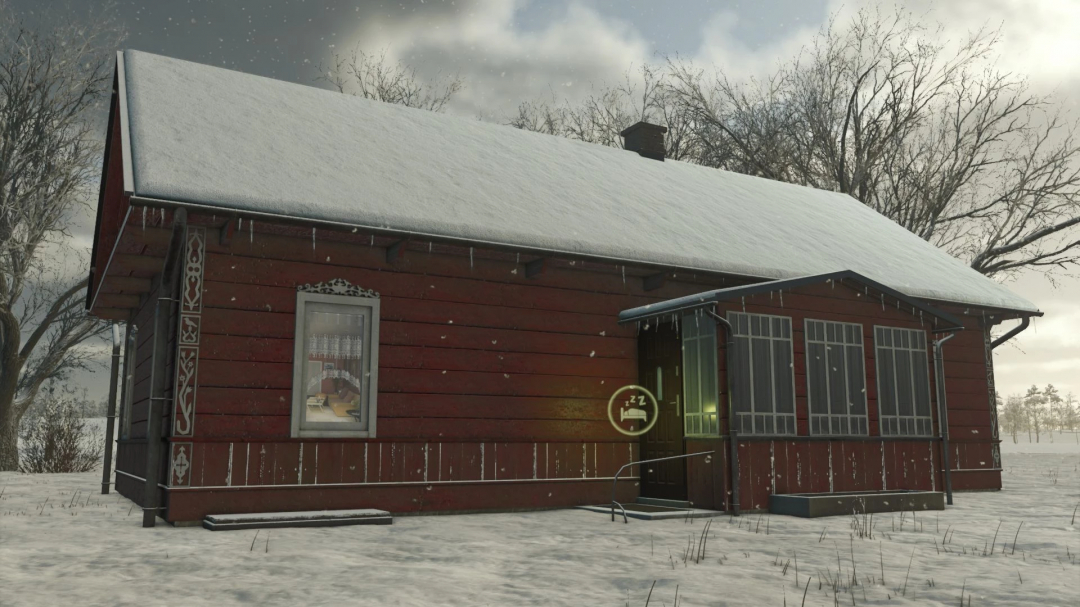 Small Polish old House mod from Farming Simulator 25, snow-covered house with icicles and vintage window details.