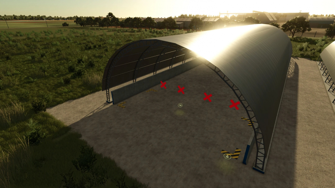 FS25 mods: Storage Shed and Single Shed v1.0.0.0 in Farming Simulator 25, shown with red crosses indicating placement points.