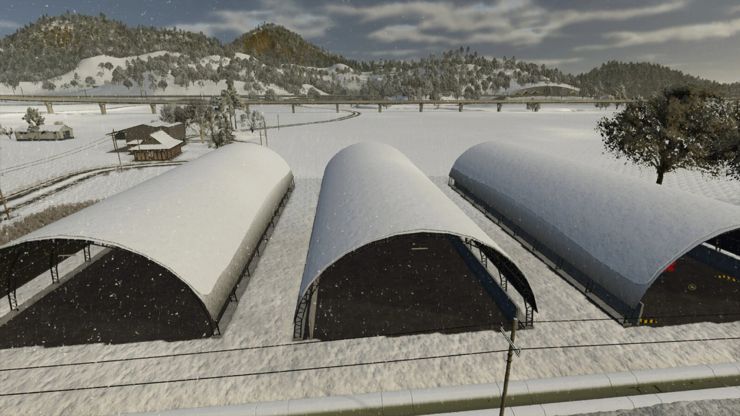 Snow-covered storage sheds in a winter landscape for Farming Simulator 25 mods, titled Storage Shed And Single Shed v1.0.0.0.