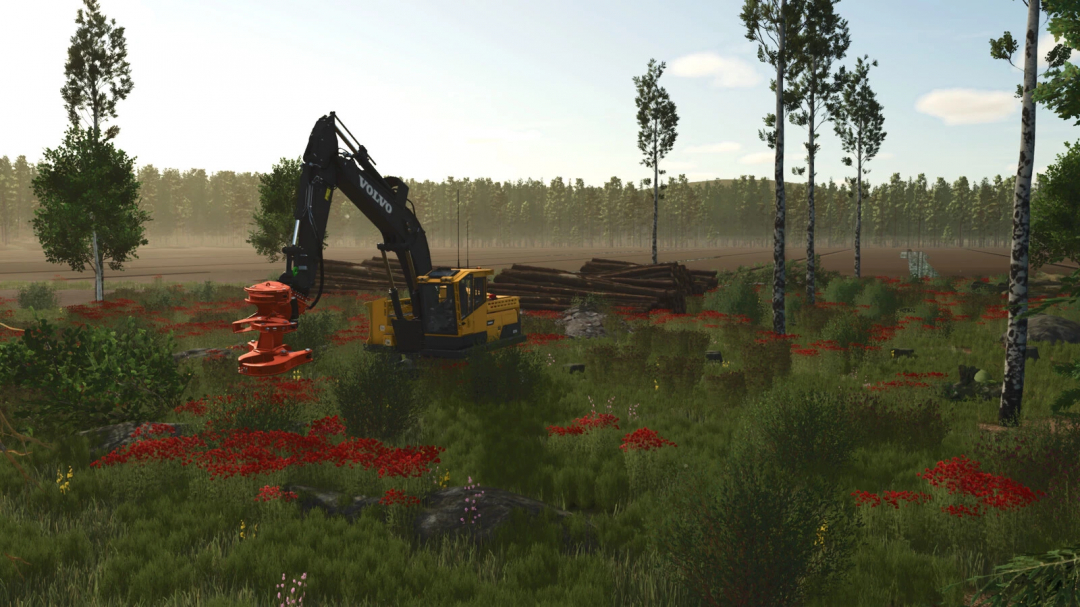 Farming Simulator 25 mod: Sunshine Forest v1.0.0.1 with a Volvo excavator cutting trees in a lush forest scene.