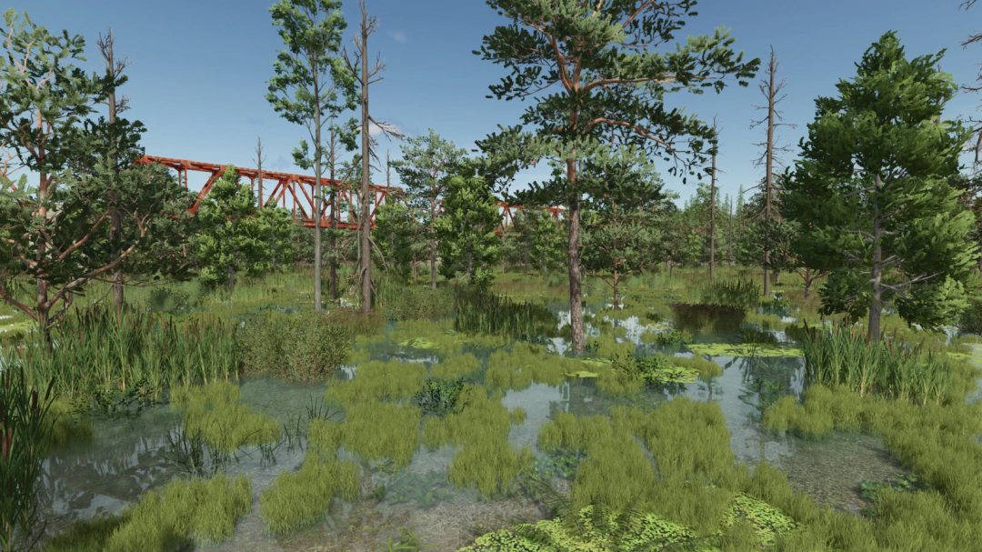 Farming Simulator 25 mod: Sunlit forest with water, trees, and a distant bridge, showcasing the Sunshine Forest v1.0.0.1 mod environment.