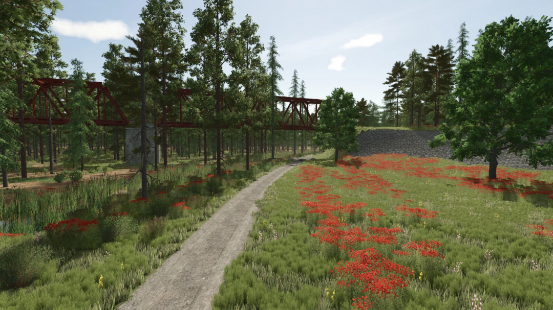 Sunshine Forest in Farming Simulator 25 with trees, a dirt path, and a red trestle bridge mod from FS25 mods.