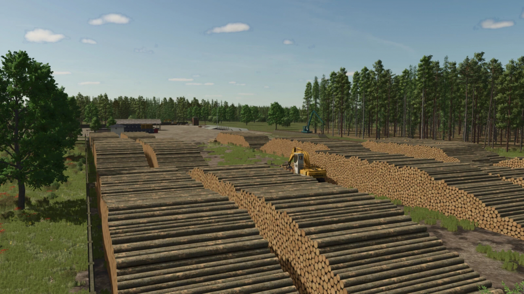 Farming Simulator 25 mod: Sunshine Forest v1.0.0.1 with stacked logs and logging machinery in a forest setting.