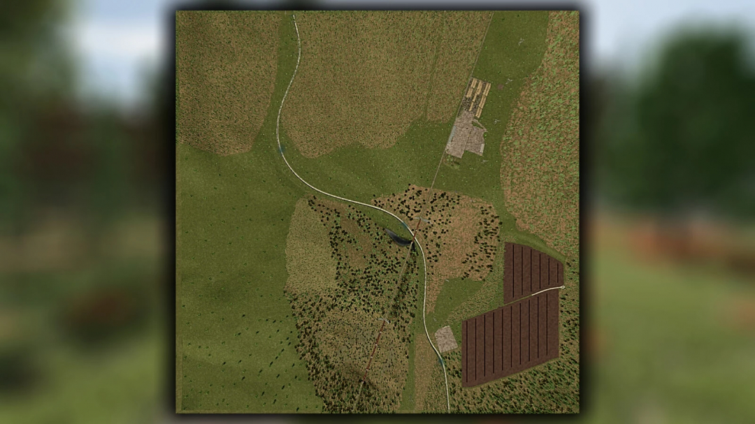 Aerial view of a farming landscape with fields, a winding road, and farm buildings, from Farming Simulator 25 with Sunshine Forest mod.