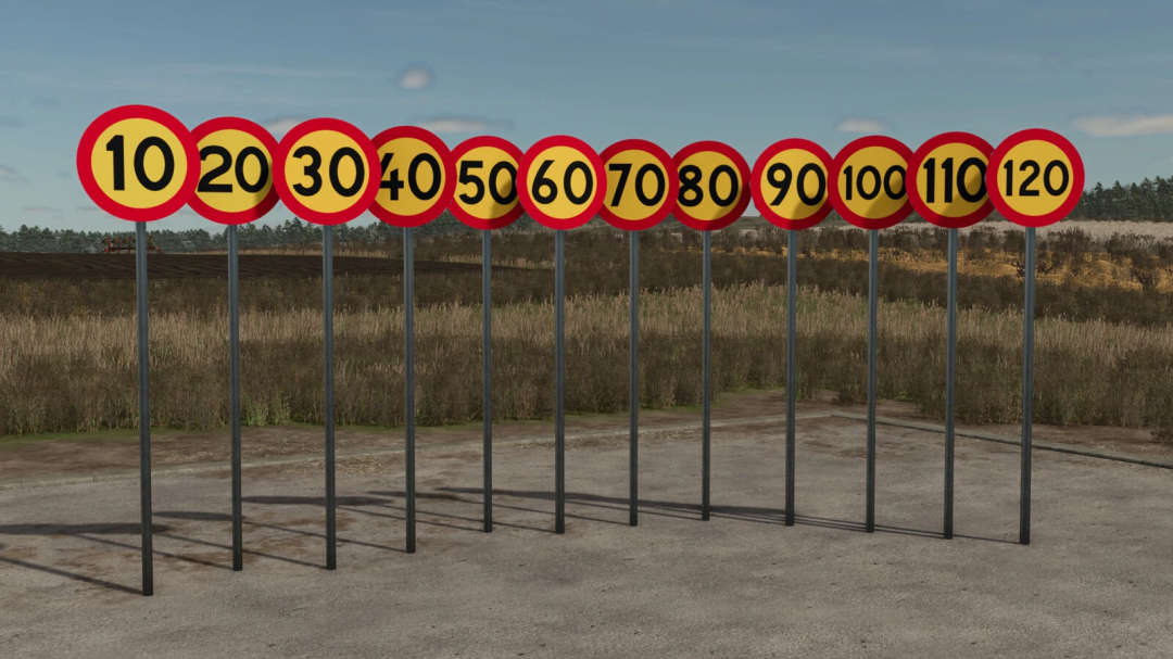Set of roadside speed limit signs from 10 to 120 km/h for Farming Simulator 25 mods, Swedish Road Sign Pack Placeable v1.0.0.0.
