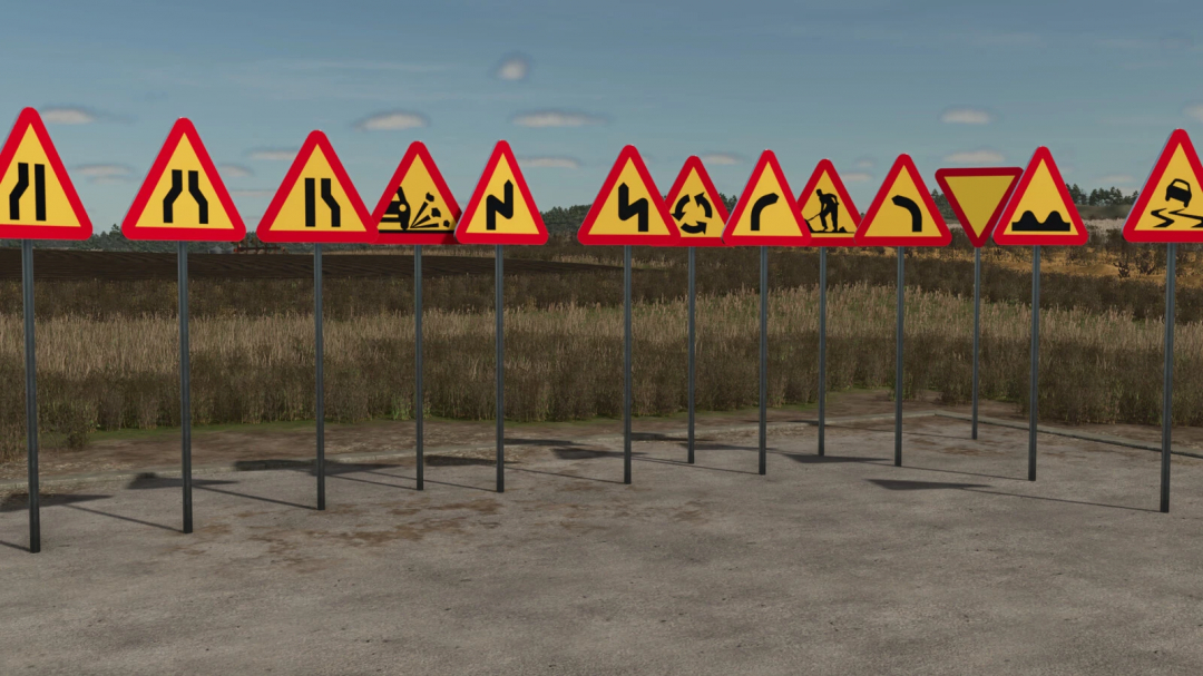 Collection of various road signs from the Swedish Road Sign Pack Placeable mod for Farming Simulator 25, including warnings for curves, bumps, and merging lanes.