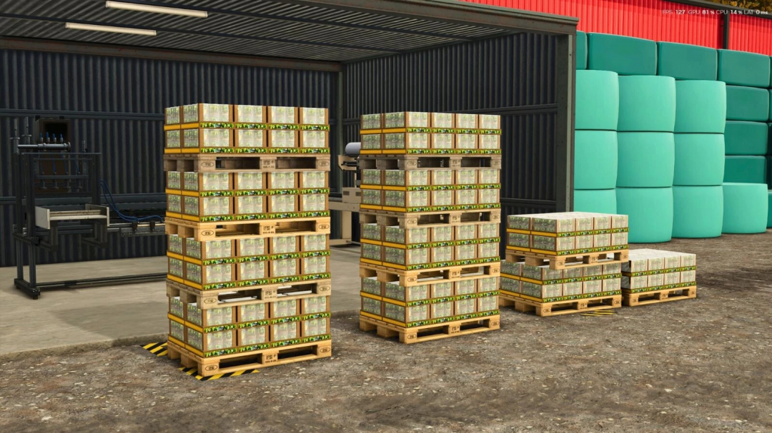 Stacks of sweet corn boxes on pallets outside a farm building in Farming Simulator 25, part of FS25 mods, Sweet Corn Addon v1.0.0.0.
