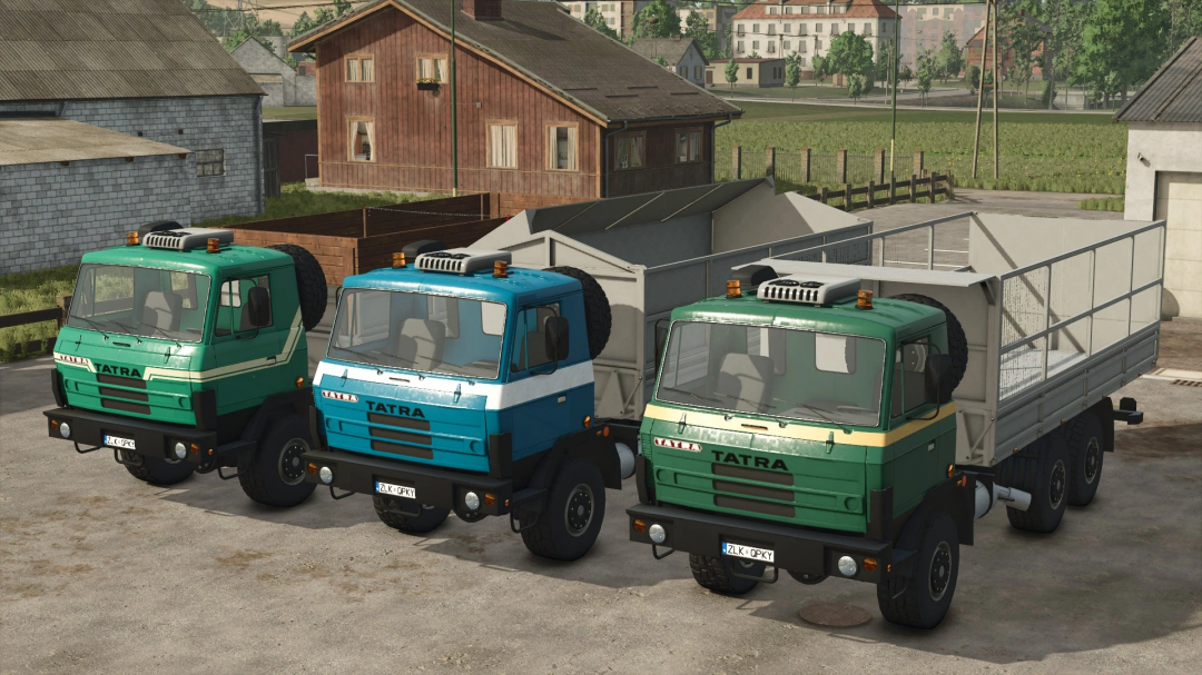 Three Tatra trucks with cargo beds parked in a rural area in Farming Simulator 25, showcasing FS25 mods for industrial vehicles.