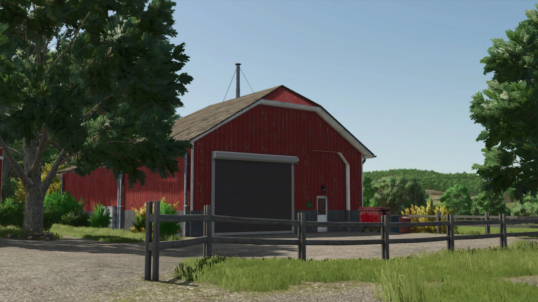 Farming Simulator 25 mod: Red barn with garage door, surrounded by trees and a wooden fence, part of the US Refrigerated Hangar v1.0.0.0.