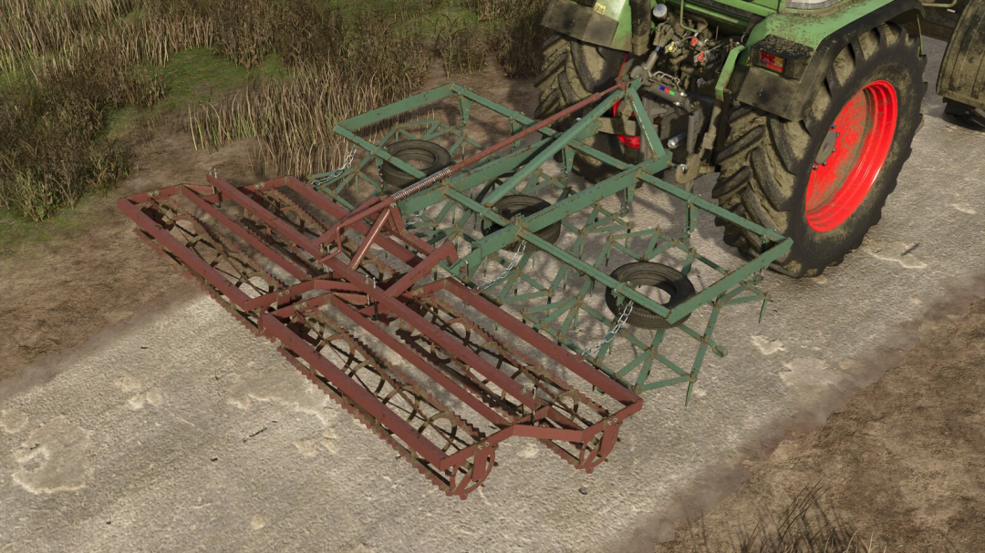 Farming Simulator 25 mod featuring the Unia Heavy Harrow v1.0.0.0 attached to a tractor for soil cultivation.