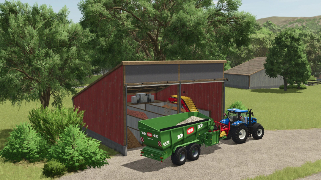 Farming Simulator 25 mod featuring vegetable and fodder dryers with a tractor and feed mixer inside a barn.