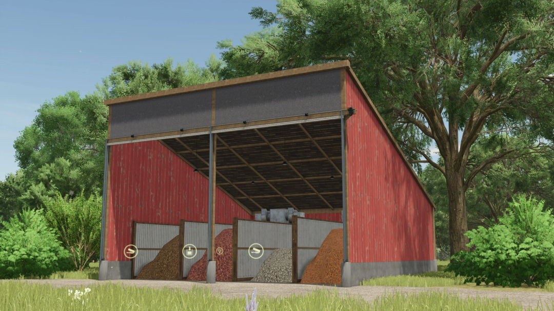 Farming Simulator 25 mod: Vegetable and Fodder Dryers v1.0.0.0 in a barn with stored hay and grains, set in a green landscape.