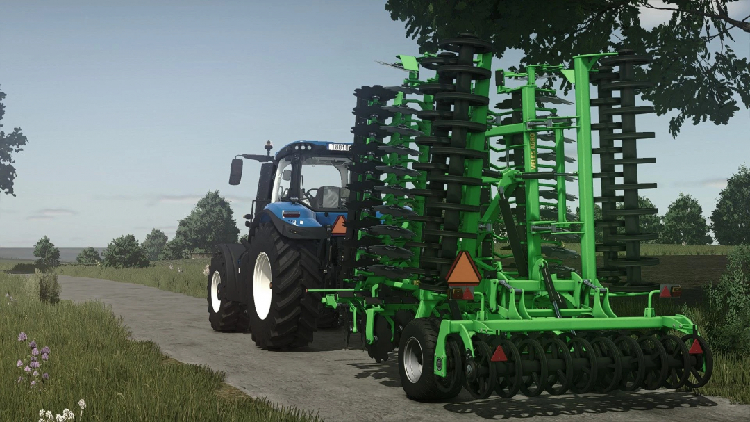 Farming Simulator 25 mod showcasing the Veles Agro Disc 8M implement attached to a tractor on a dirt road.