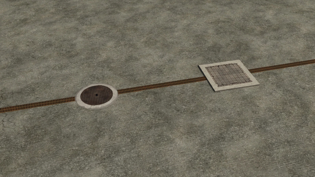Drain cover and manhole on a concrete surface in Farming Simulator 25 with WaterGate mod v1.0.0.0, part of FS25 mods.
