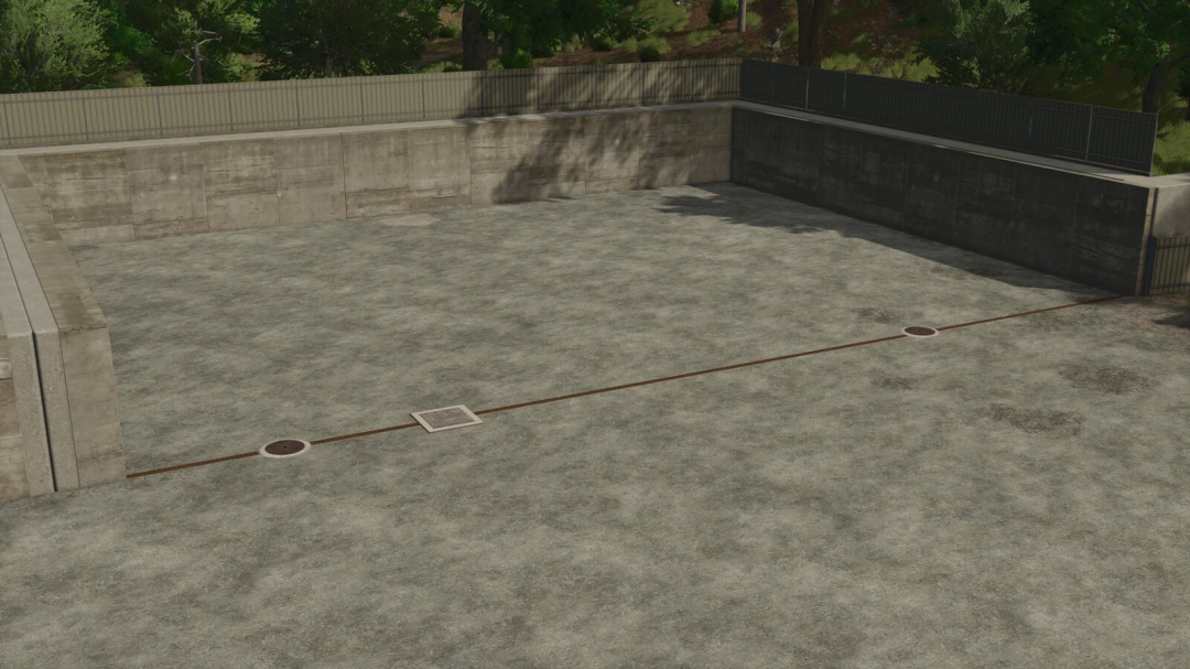 Farming Simulator 25 mods: Image of a concrete water gate area with drain covers, showing the WaterGate v1.0.0.0 mod in FS25.