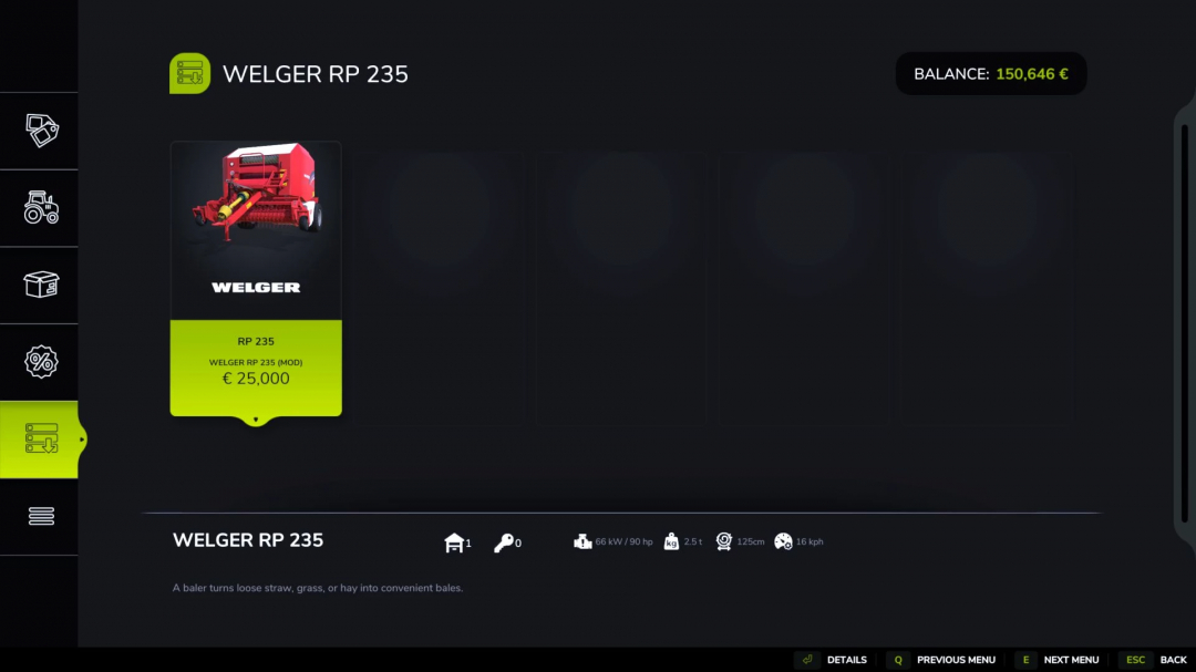 Farming Simulator 25 mod image of Welger RP 235 Profi baler in the game interface.