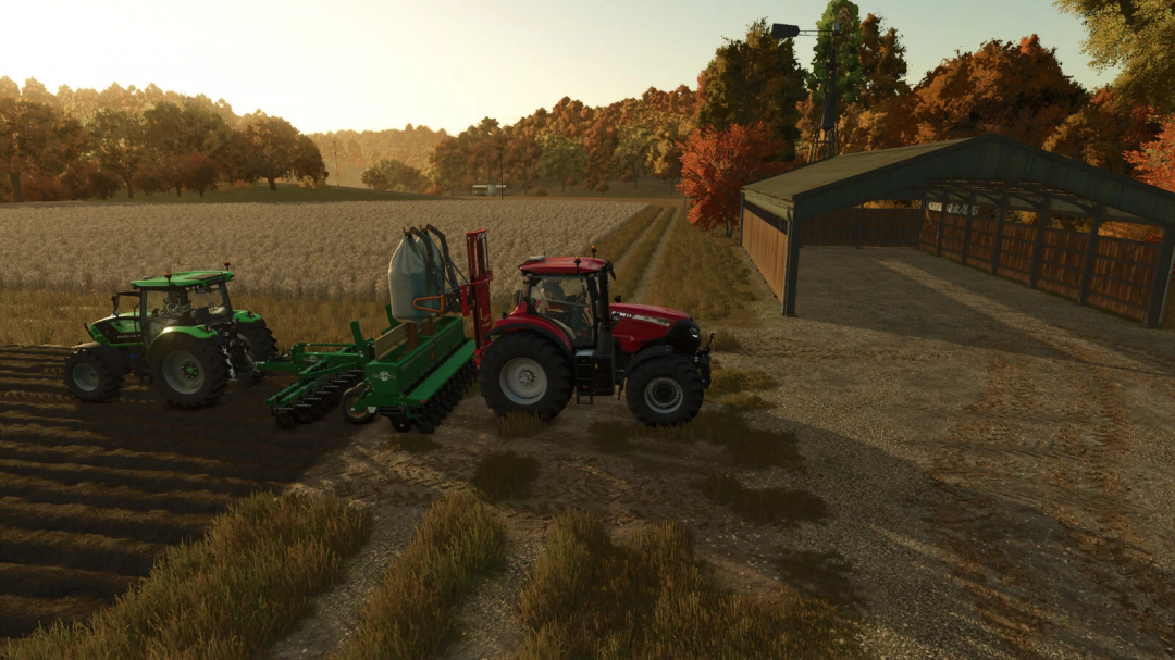 Farming Simulator 25 mods: realistic farm scene with tractors, planting equipment, and barn during autumn sunset.