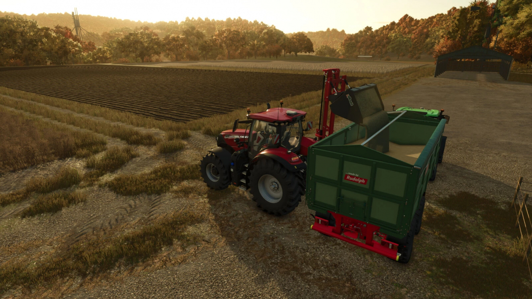 Farming Simulator 25 mod: Red tractor with a green Wifo HMZ3403000 PRO Version v1.0.0.1 manure spreader in a field during sunset.