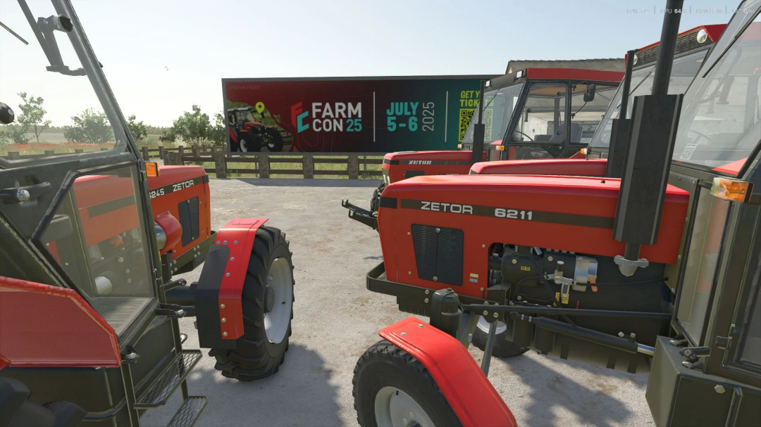 Farming Simulator 25 mods featuring Zetor 6211 tractors displayed outdoors at a farmers' market stand, with a promotional billboard in the background.