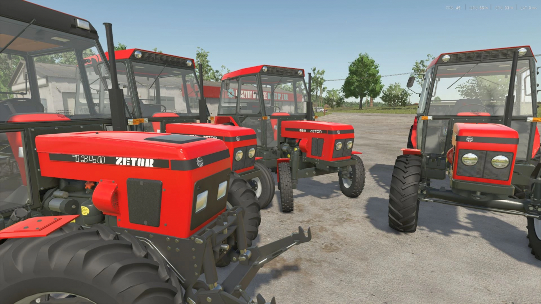 Farming Simulator 25 mods featuring multiple red Zetor 5211-7745 tractors displayed outdoors.