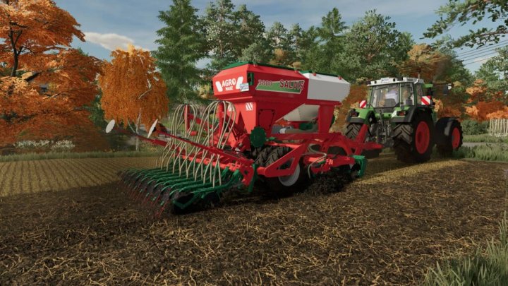 fs25-mods,  Farming Simulator 25 mods: AgroMasz Salvis 3800 seed drill attached to a tractor in a farm field with autumn trees in the background.