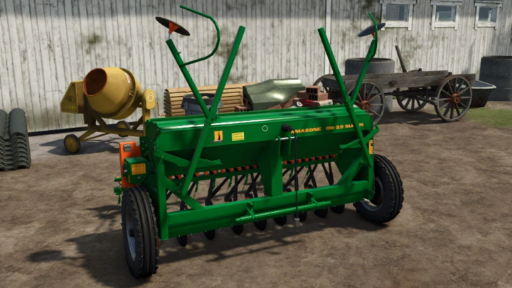 fs25-mods,  FS25 mods: Amazone D8 25 super seed drill in Farming Simulator 25 with green frame and black wheels, realistic farm equipment.