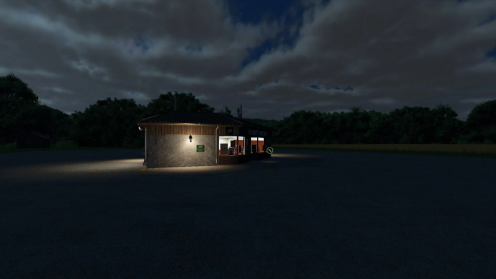 fs25-mods, Night view of the bakery in Farming Simulator 25 with illuminated interior, part of FS25 mods, Bakery v1.0.0.0.
