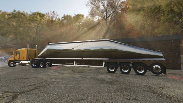 fs25-mods,  Farming Simulator 25 mod: Beall Bullet Quad Axle Belly Dump included in FS25 mods, showcasing a large, shiny belly dump trailer attached to a yellow truck.