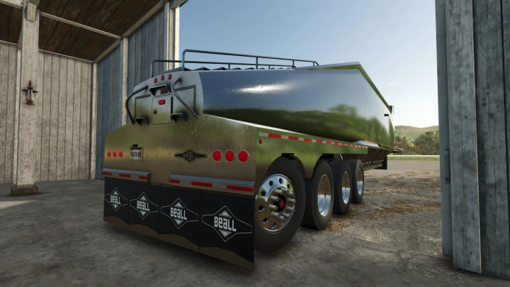 fs25-mods,  Farming Simulator 25 mods: Beall Bullet Quad Axle Belly Dump truck in a barn.