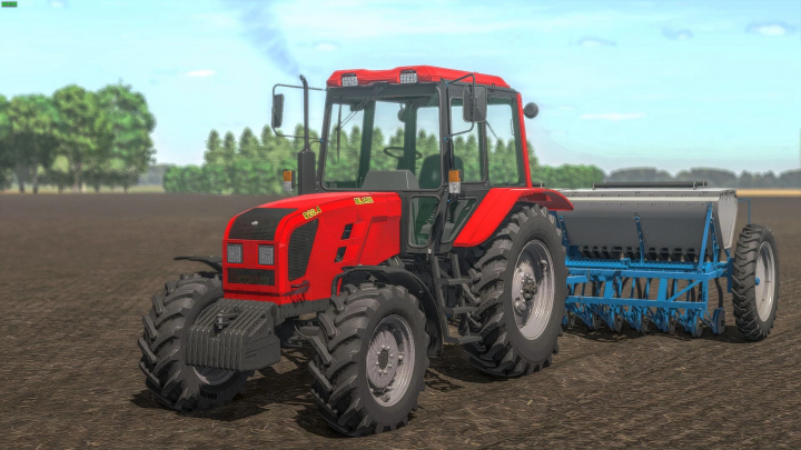 fs25-mods,  Farming Simulator 25 mod: Belarus MTZ 1025.4 tractor with blue seed drill attachment on a farm field.