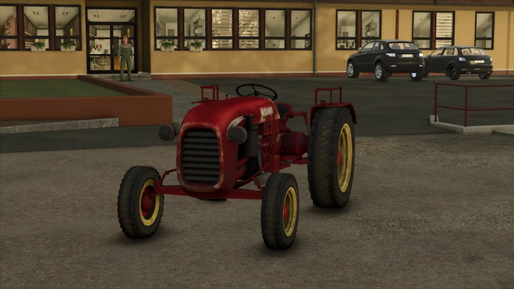 fs25-mods,  Farming Simulator 25 mod featuring a vintage red Bucher D4000 tractor in front of a building with cars in the background.