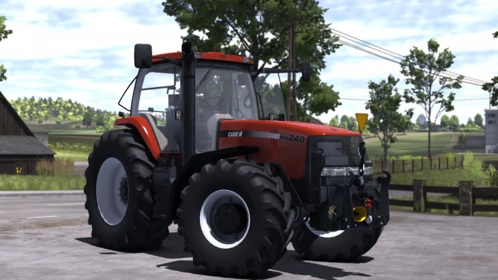 fs25-mods, Farming Simulator 25 mod: Case IH MX Magnum EU v1.1.0.0 tractor on a farm with trees and rural scenery.