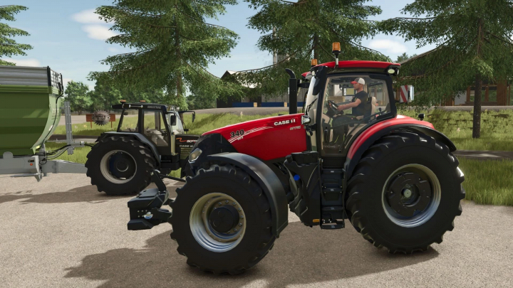 fs25-mods,  Farming Simulator 25 mod featuring a red Case IH Optum 340 tractor attached to a green trailer, realistic graphics and farm environment.