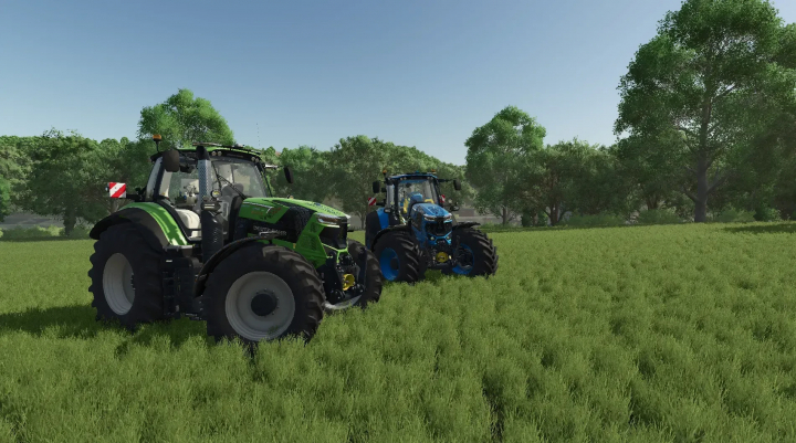 fs25-mods,  Two Deutz Fahr Series 7 tractors on a lush green field in Farming Simulator 25, showcasing FS25 mods for realistic agricultural gameplay.