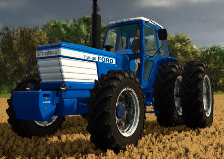 fs25-mods, Farming Simulator 25 mod: Blue Ford TW-30 tractor in a field with trees, showcasing the FS25 Ford TW Large v1.0.0.0 mod.