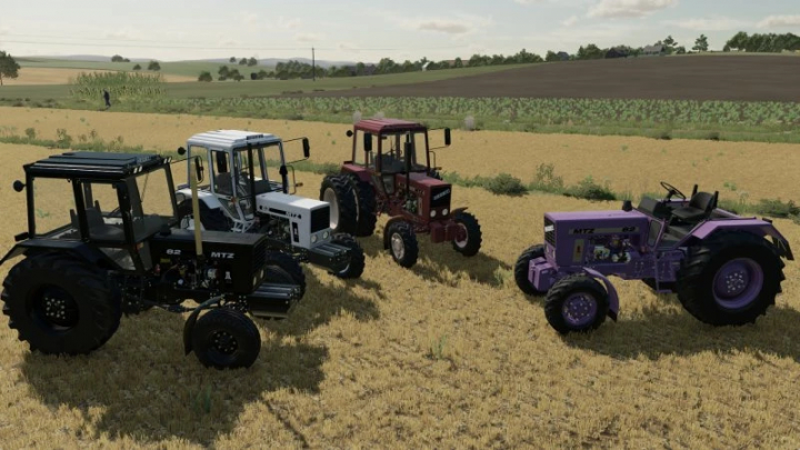 fs25-mods,  Farming Simulator 25 mods featuring four different colored MTZ 82 tractors on a field.