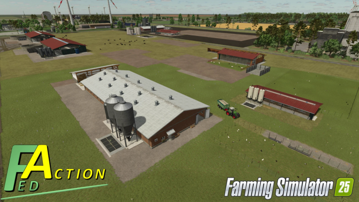 fs25-mods,  Farming Simulator 25 mod showcasing a farm with silos, barns, machinery, and fields, featuring the Fed Mods Pack v1.5.1.0 for FS25.