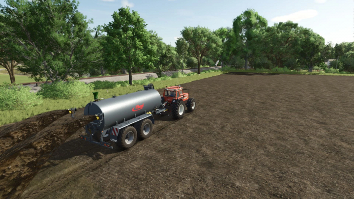 fs25-mods, Farming Simulator 25 mod: tractor with Fliegl VFW 18000 liquid manure tank spreading manure on the field