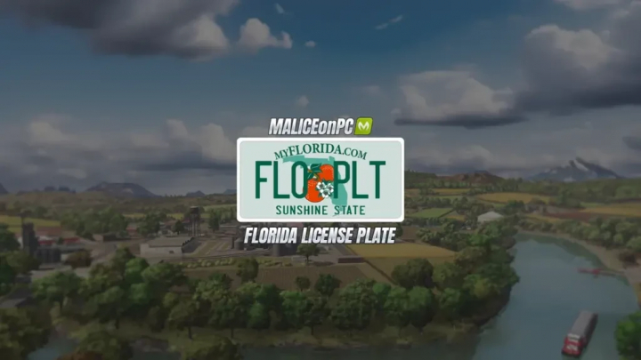 fs25-mods,  Screenshot of a Florida license plate mod in Farming Simulator 25, showing a Florida-themed license plate with a flamingo, trees, and water.