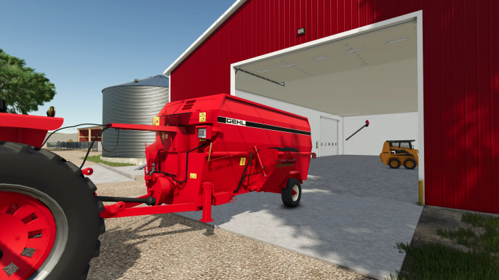 fs25-mods, Farming Simulator 25 mod: Gehl Mixing Wagon FS25 v1.0.0.0 inside a barn with farming equipment.