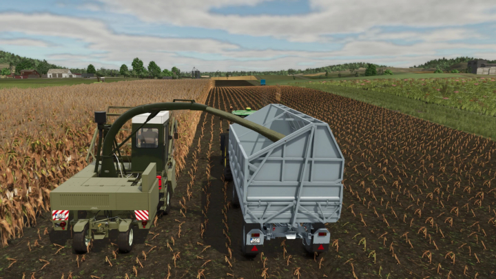 fs25-mods,  Farming Simulator 25 mod scene showing a forage harvester with HW80 Trailer v1.0.0.0 attachment harvesting crops on a farm field.