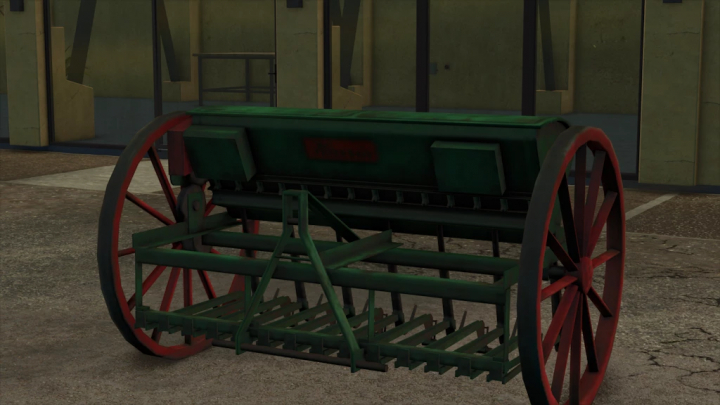 fs25-mods,  Farming Simulator 25 mod: Hassia FS Placeable 1.1.0.0, vintage green and red seed planter with large wheels, placed outdoors near a building.