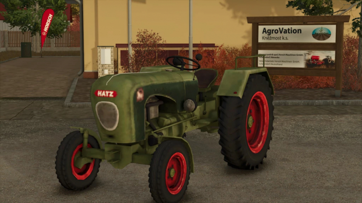 fs25-mods,  Farming Simulator 25 mod: Hatz H340 tractor with green body and red wheels, shown in front of AgroVation sign, realistic game vehicle.