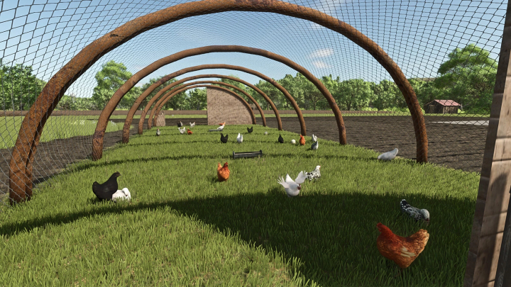 fs25-mods,  Farming Simulator 25 mods: Home Made Chicken Coop v1.0.0.0 with a sturdy, arched structure and mesh fencing for chickens.