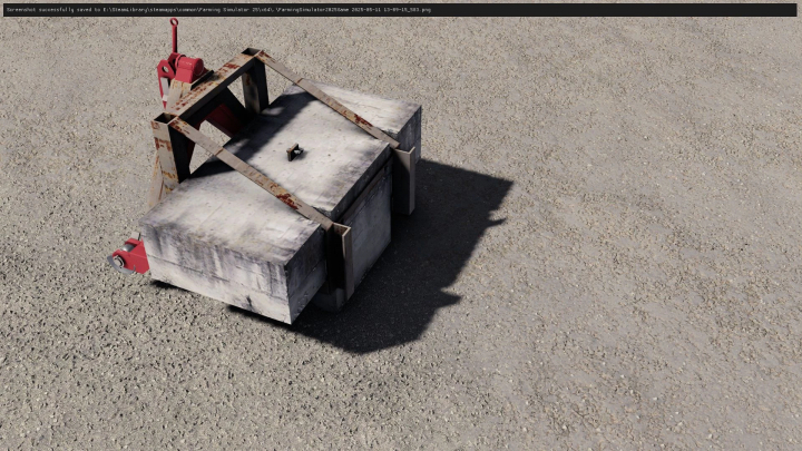 fs25-mods,  Rusty concrete weight mod in Farming Simulator 25, used to stabilize equipment, shown on gravel ground.